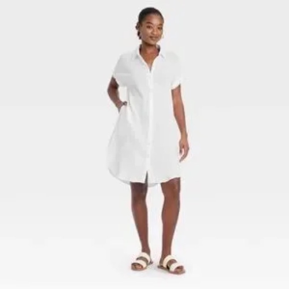 NWT Universal Thread White Linen Blend Short-sleeve Button-front A-line Dress